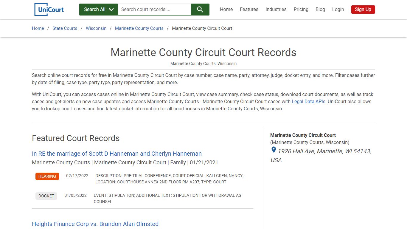 Marinette County Circuit Court Records | Marinette | UniCourt